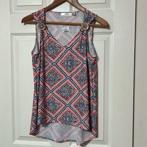 CURE Women’s Red/Blue Floral Tank Top Blouse Waffle Knit NWT S